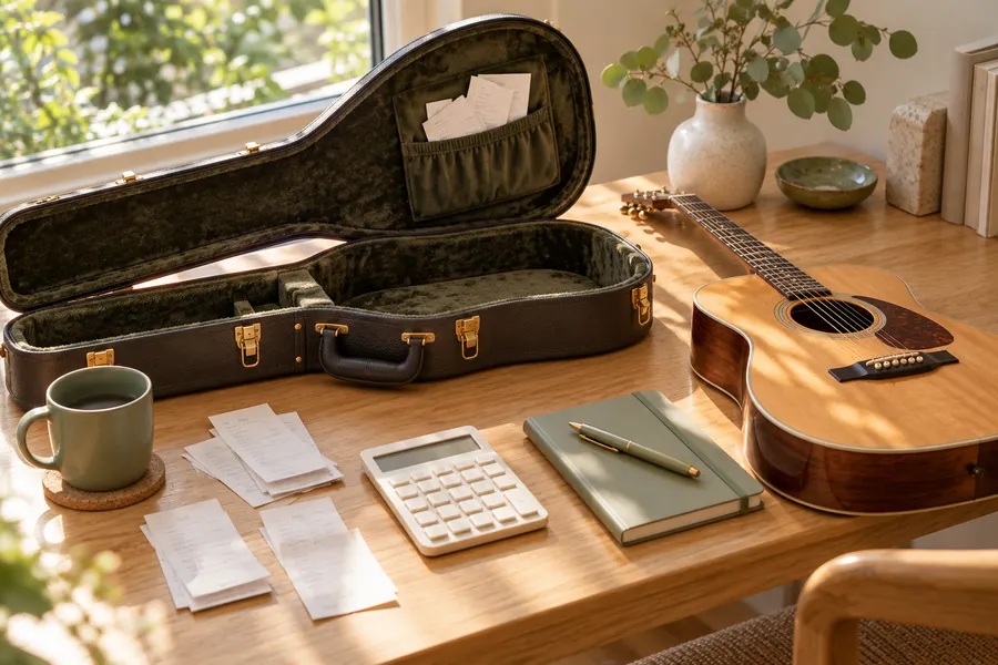 An open guitar case with receipts, a calculator and a notebook beside an acoustic guitar